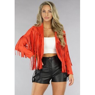 Orangefarbene Fransenjacke in Wildlederoptik