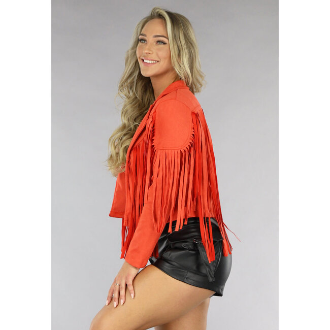 Orangefarbene Fransenjacke in Wildlederoptik