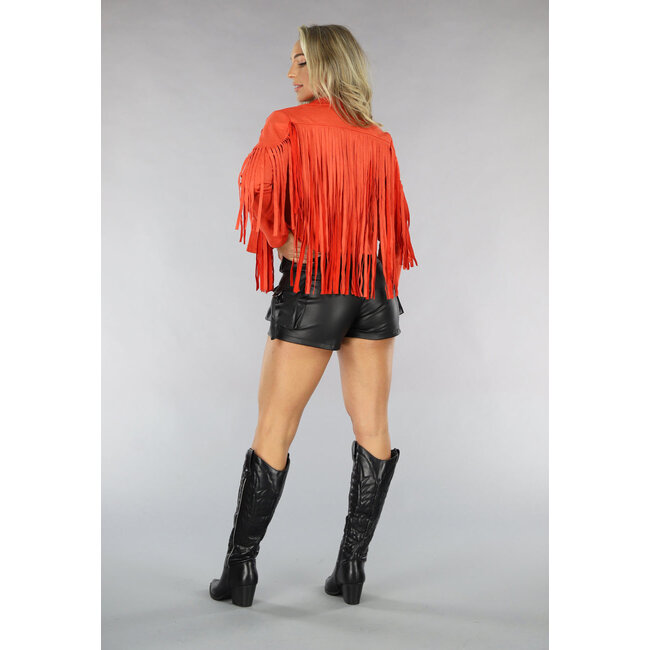Orangefarbene Fransenjacke in Wildlederoptik