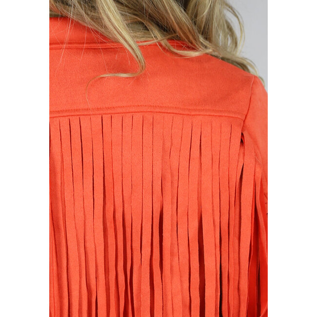 Orangefarbene Fransenjacke in Wildlederoptik