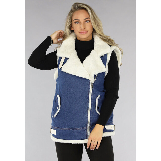 Blaue Denim-Weste mit Teddy-Futter