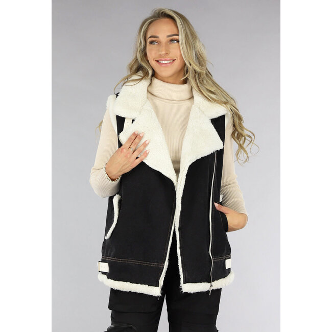 Schwarzes Denim-Gilet mit Teddy-Futter