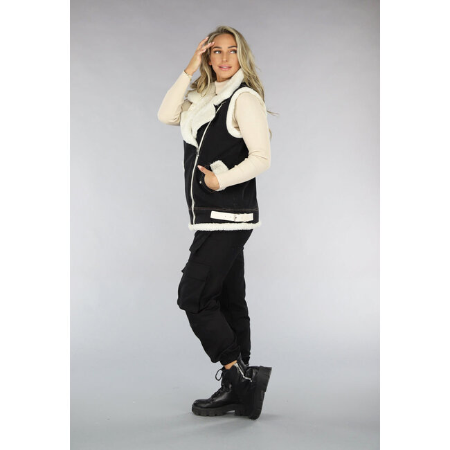 Schwarzes Denim-Gilet mit Teddy-Innenfutter