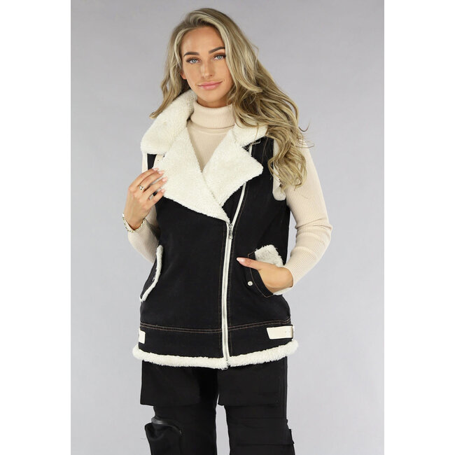 Schwarzes Denim-Gilet mit Teddy-Futter