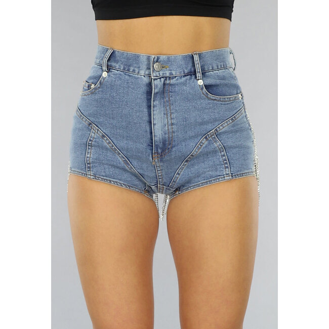 Denim Strass Fransen Short