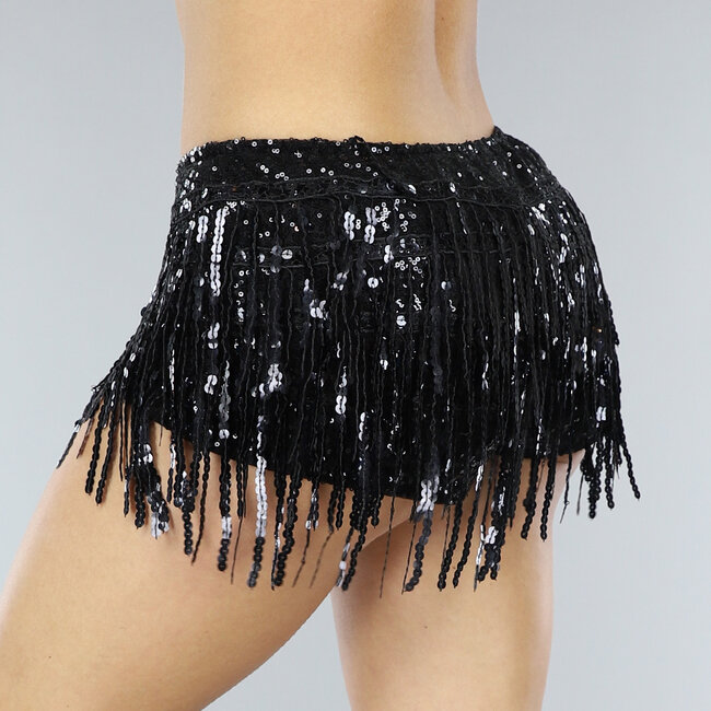 Schwarze Party-Fransen-Shorts mit schimmernden Pailletten