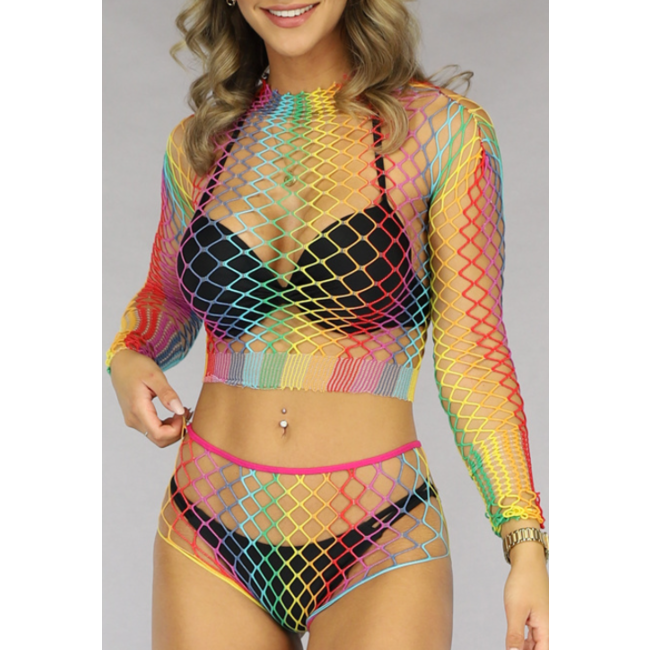 Sexy Dessous Strand Regenbogenfarben Fischnetz Ausschnitt lange Ärmel hochelastisch schlank durchsichtig sexy zweiteiliges Set Großhandel