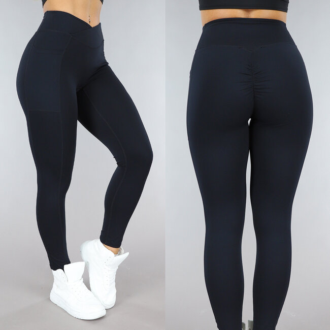Schwarze Sport-Tights mit Scrunch und Taschen