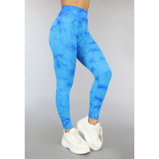 Blaue Rippensport-Leggings in Marmoroptik