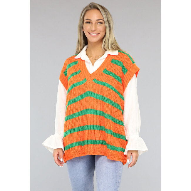 Grün/Orange gestreifter Pullover zum Reinschlüpfen