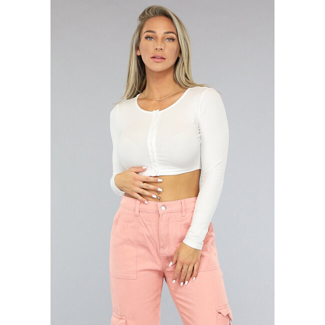 Weißes geripptes Crop-Top mit langen Ärmeln und Knöpfen