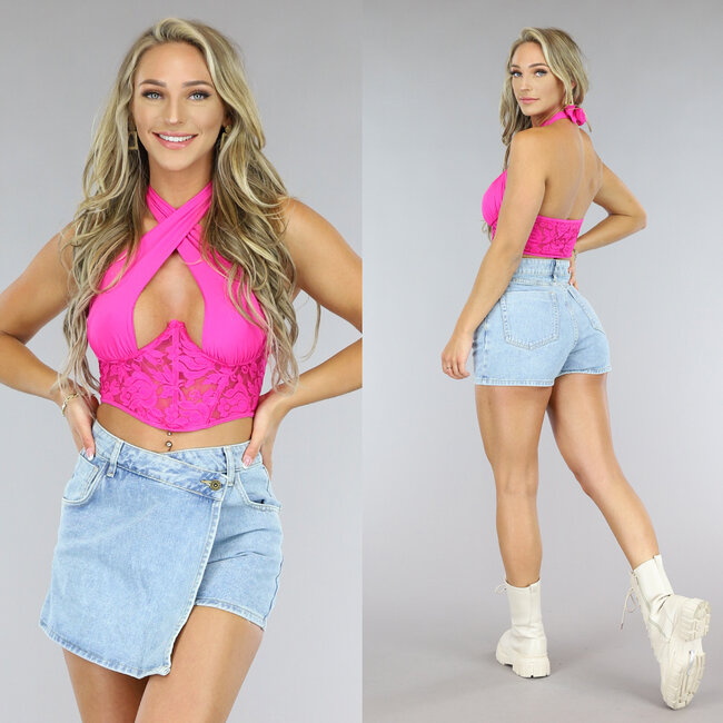 Spitzentop mit Knopfleiste Fuchsia