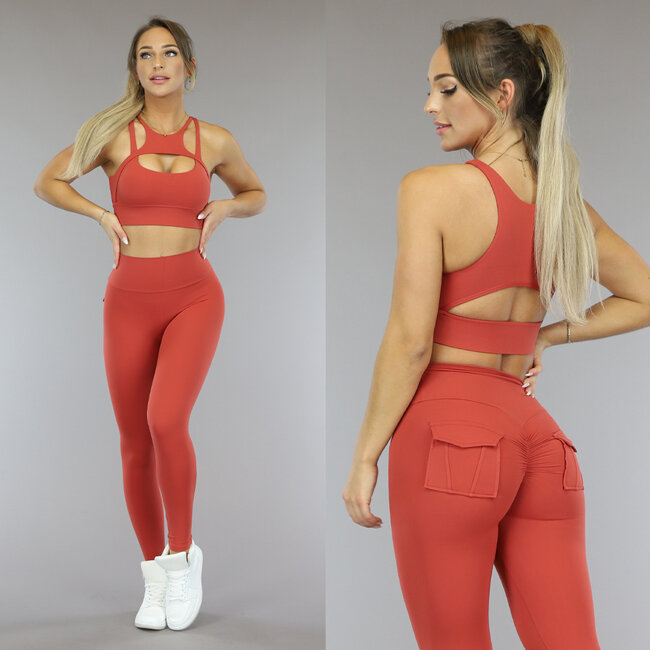 Rote Sport-Leggings mit Scrunch und Seitentaschen