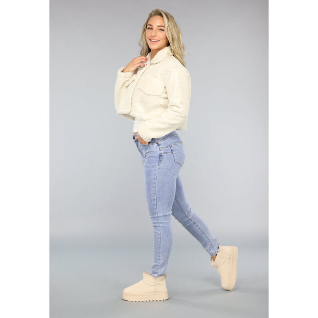 Beigefarbene Cropped Teddy Jacke mit Knöpfen