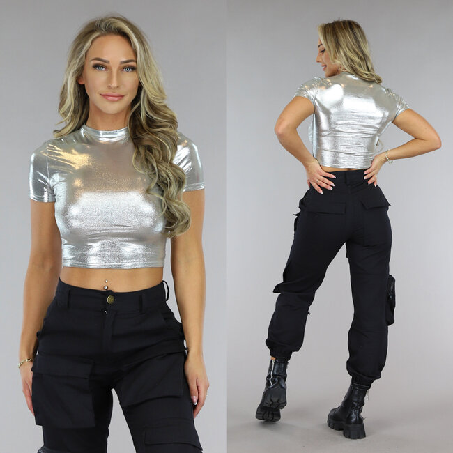 Silbernes Metallic-Cropped-T-Shirt