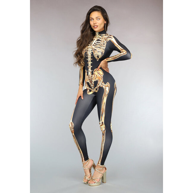 Kostüm mit goldenem Skelettdruck
