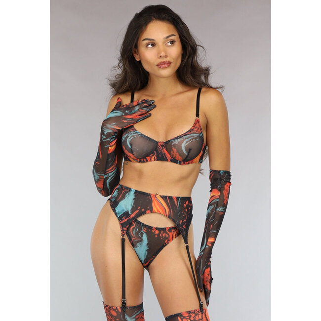 Transluzentes Mesh-Dessous-Set mit Lava-Print