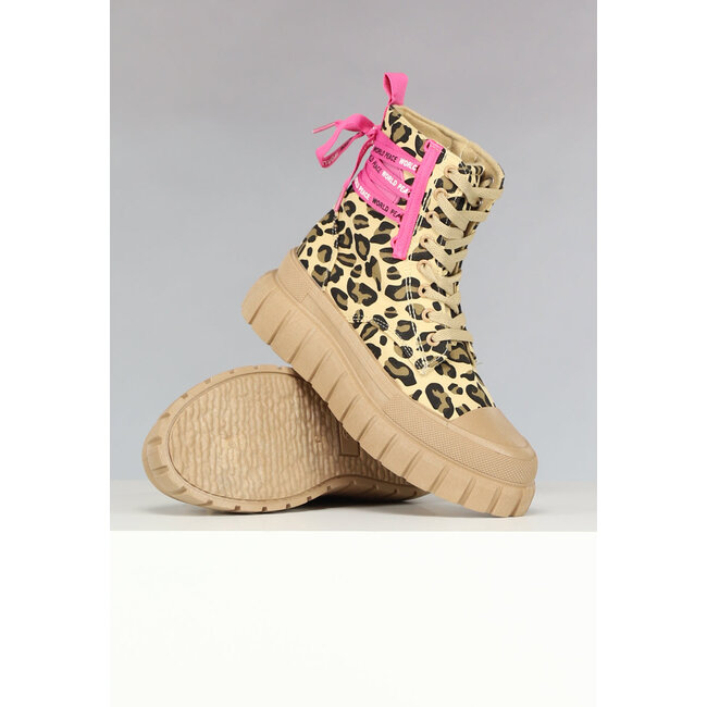 Hohe Stiefel mit Leopardenmuster und rosa Schleifen-Details