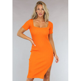 ORANJE-F Orangefarbenes Bodycon-Kleid mit kurzen Ärmeln