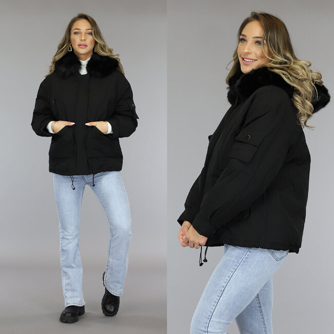 Schwarze übergroße Winterjacke mit Pelzkragen