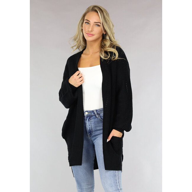 Schwarzer Basic-Strickcardigan mit Taschen