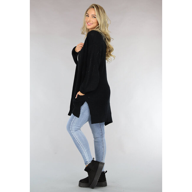 Schwarzer Basic-Strickcardigan mit Taschen