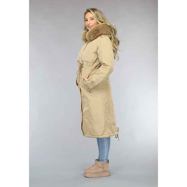 Langer Camel Parka mit Kunstfellkragen