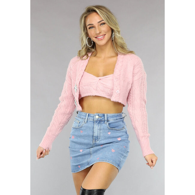 Hellrosa Cropped Cardigan mit Herzchen