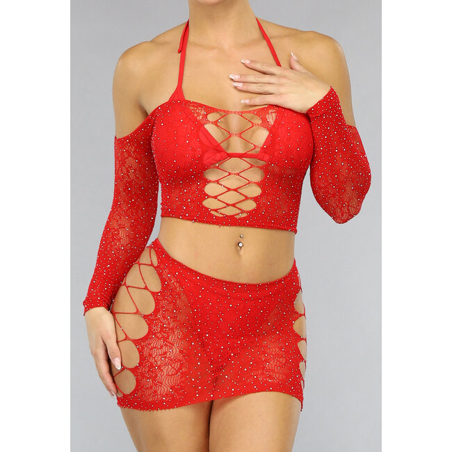 Rotes Glitzer-Dessous-Set mit Oberteil und Rock