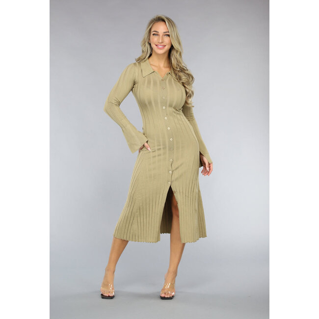 Khaki Polo-Rippenkleid mit Trompetenärmeln und Knöpfen