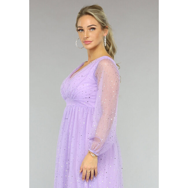 Lila Glitzer-Maxikleid mit Maschenärmeln