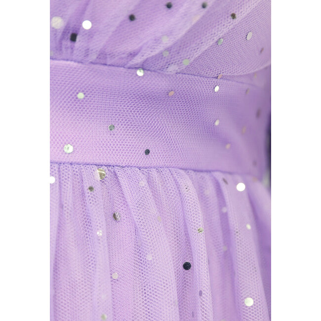 Lila Glitzer-Maxikleid mit Maschenärmeln