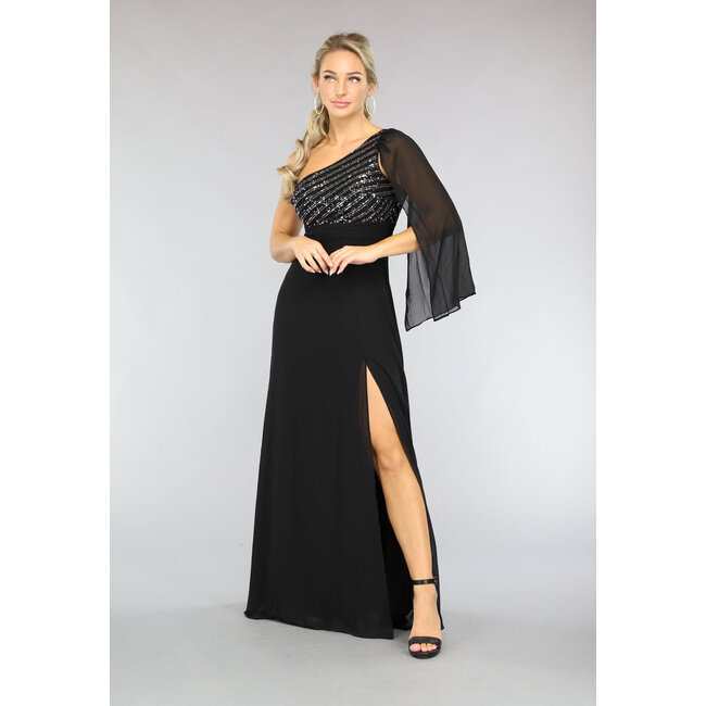 Langes schwarzes einärmeliges Chiffonkleid mit Schlitz