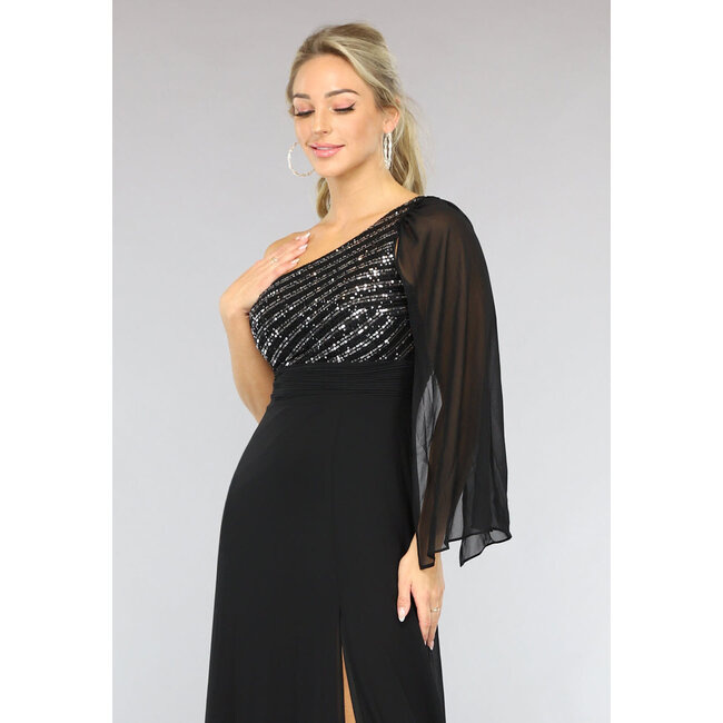 Langes schwarzes einärmeliges Chiffonkleid mit Schlitz