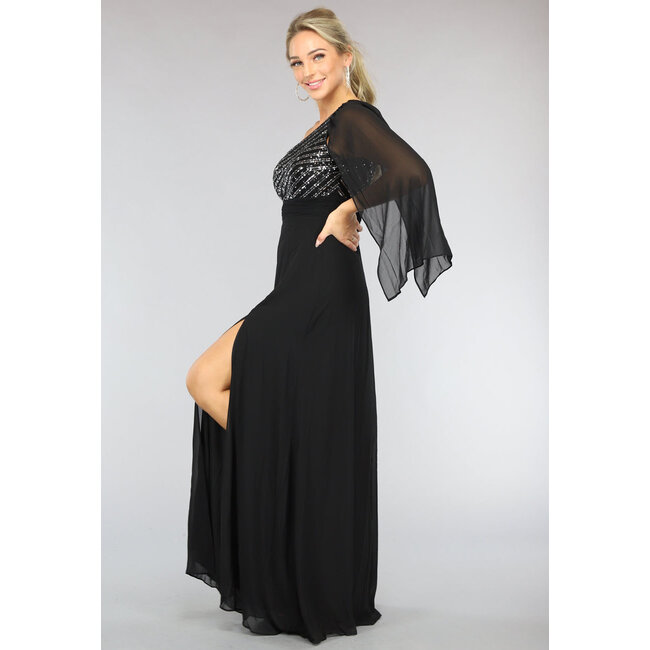 Langes schwarzes einärmeliges Chiffonkleid mit Schlitz