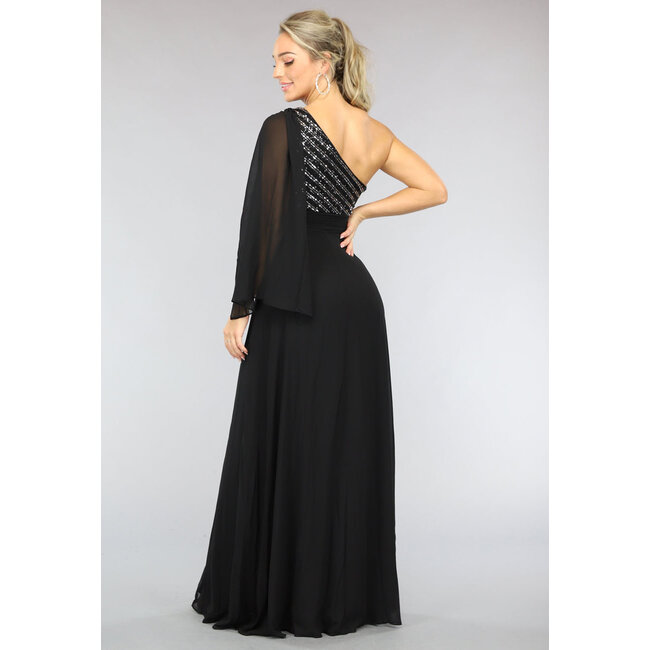 Langes schwarzes einärmeliges Chiffonkleid mit Schlitz