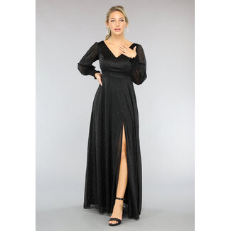Langes schwarzes Kleid mit Glitzer und Schlitz