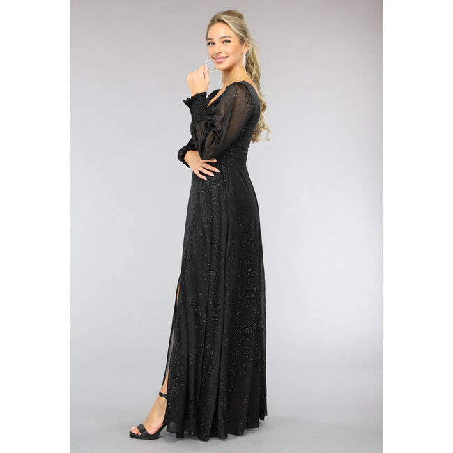 Langes schwarzes Glitzerkleid mit Schlitz