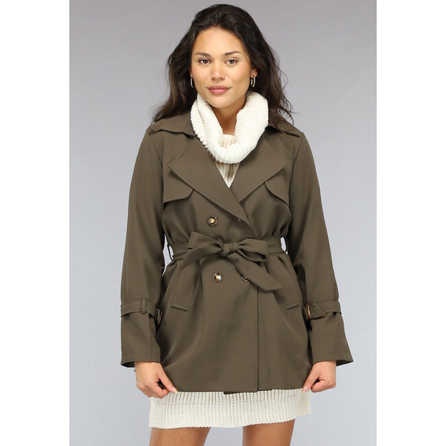 Kurzer Army Green Trenchcoat mit Schnallendetails und Gürtel