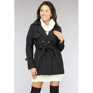 NEW2510 Schwarzer kurzer Trenchcoat mit Taillenband