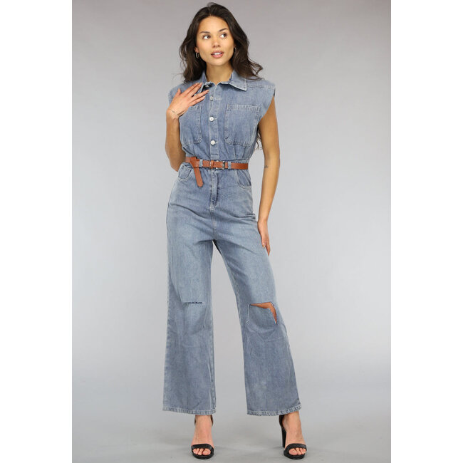 Ärmelloser Denim-Jumpsuit mit Gürtel