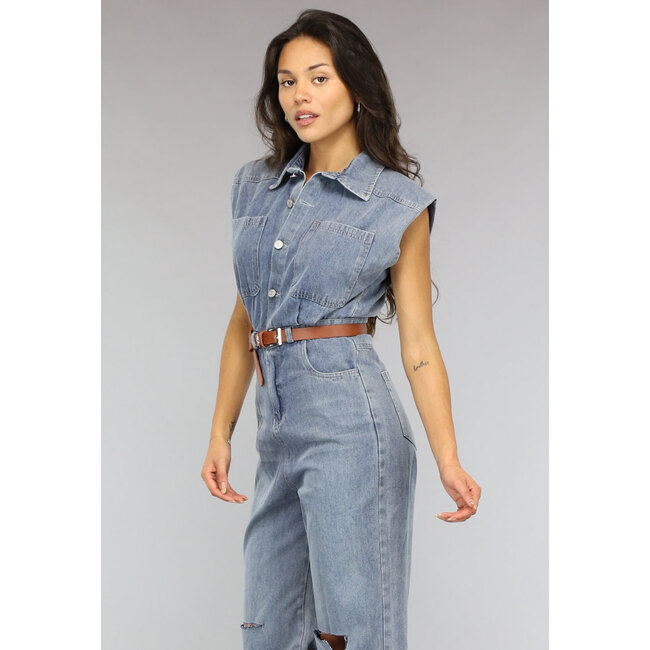 Ärmelloser Denim-Jumpsuit mit Gürtel