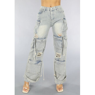 NEW1608 Acid Wash Ripped Cargo Jeans mit Klappentaschen