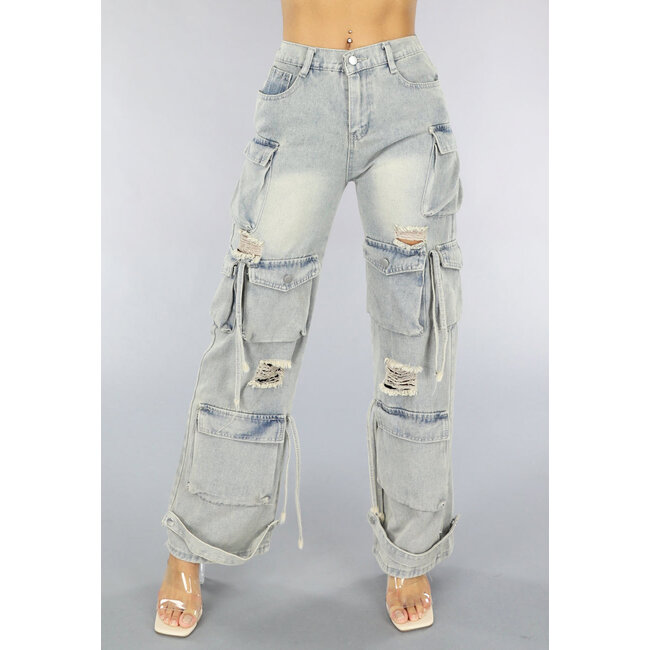 NEW1608 Acid Wash Ripped Cargo Jeans mit Klappentaschen