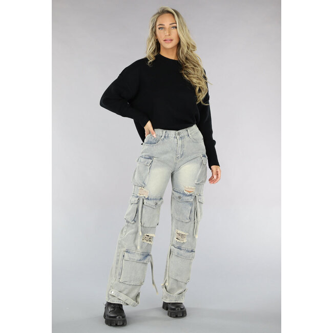 Acid Wash Baggy Ripped Cargo Jeans mit Klappentaschen