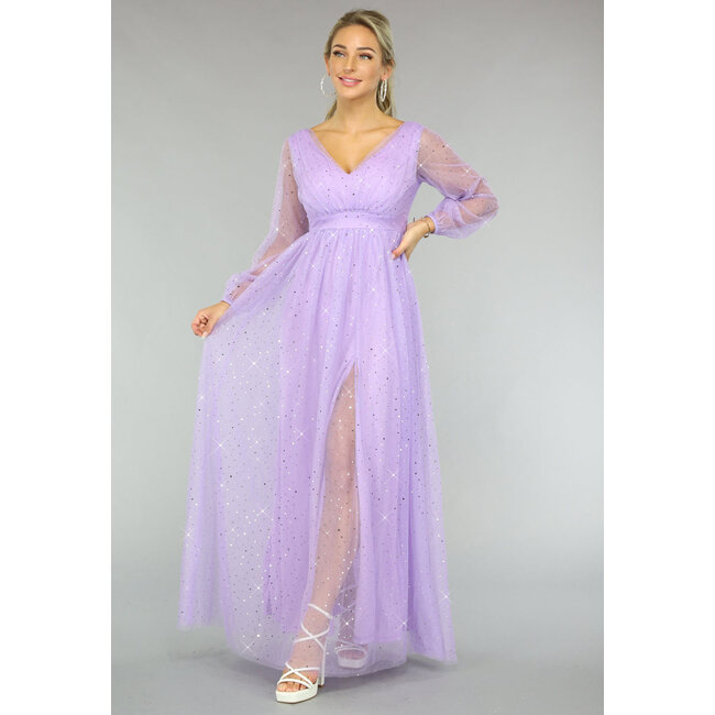 Lila Glitzer-Maxikleid mit Maschenärmeln