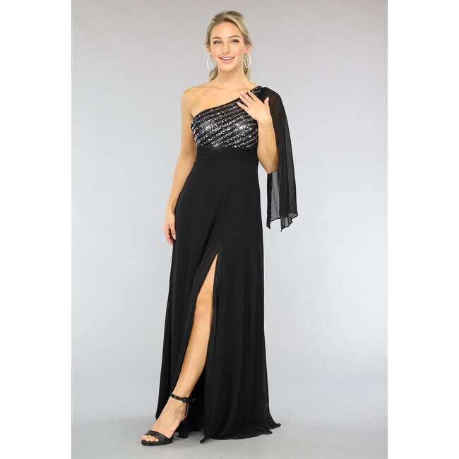 Langes schwarzes einärmeliges Chiffonkleid mit Schlitz