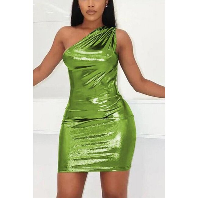 Grünes Metallic-Kleid mit einer Schulter