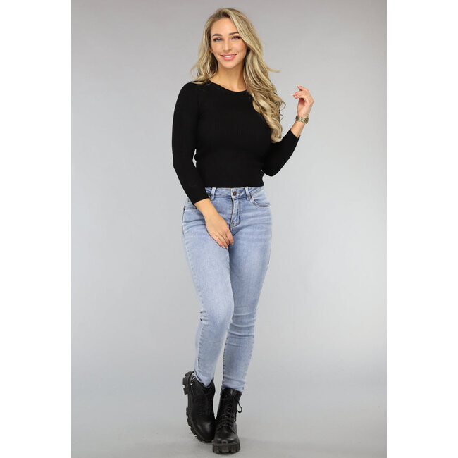 Schwarzes Basic-Langarm-Ripp-Top