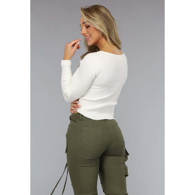 Langärmeliges Rippen-Top in Off-white